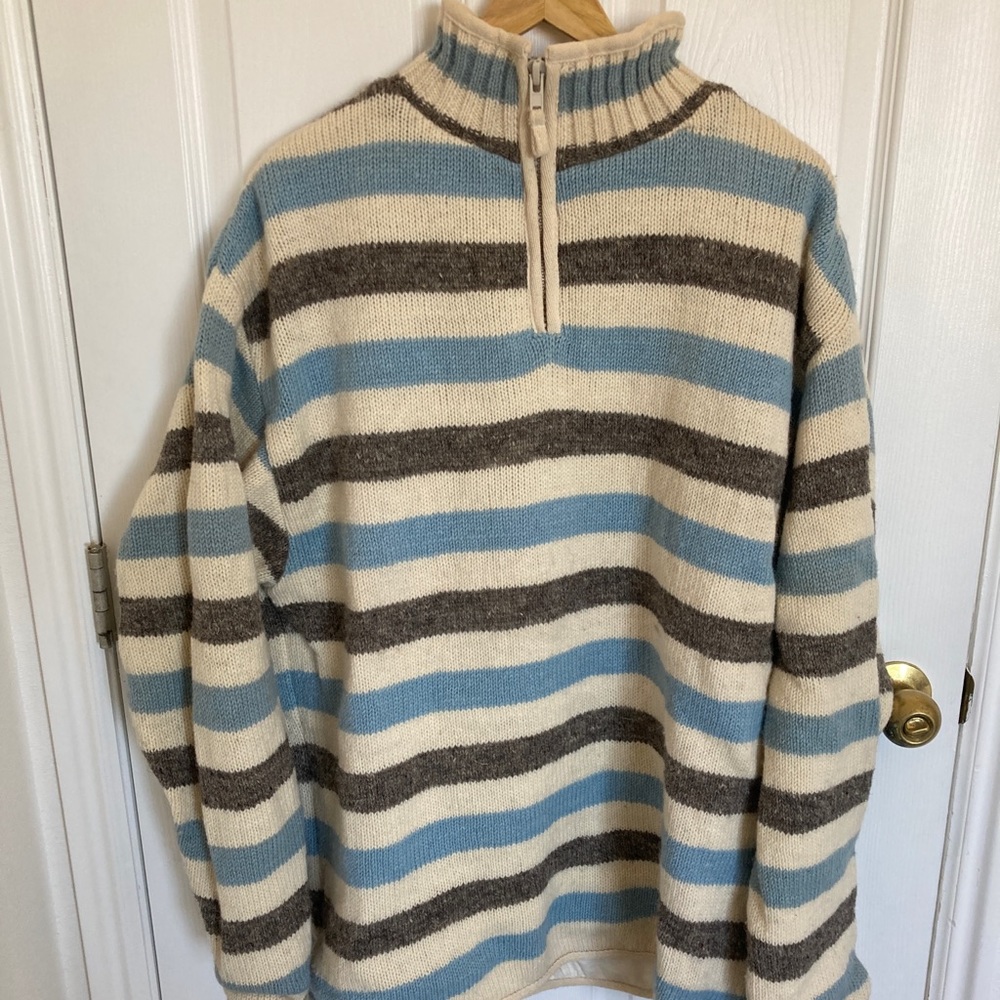 Laundromat Brand 100% wool 3/4 zip striped sweater. Men’s XL